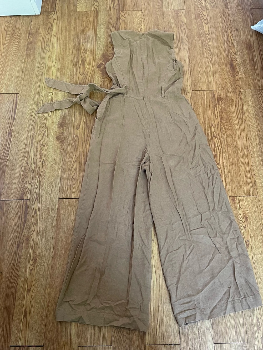 Calvin Klein Sleeveless V-Neck Wide-Leg Jumpsuit in Camel - Picture 8 of 8